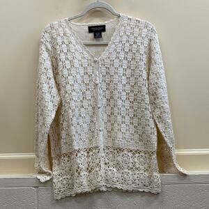 Celina Yang Women's L button front Knit Ivory crochet cardigan sweater
